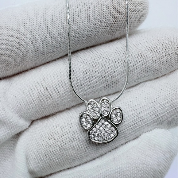 .925 Sterling Silver Cz Paw Print Necklace - Picture 2 of 16